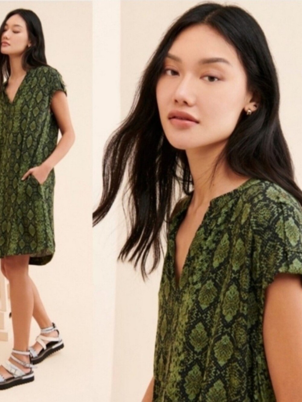 Anthropologie Green and Black Patterned Dress/Tunic Fits S/M